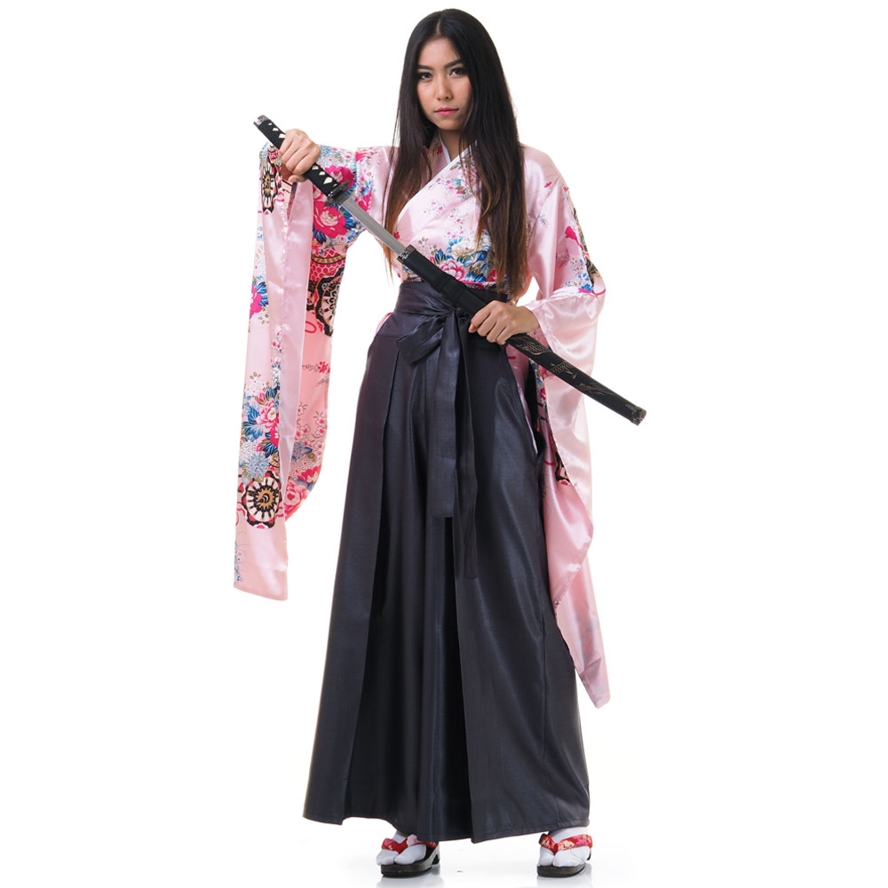 Japanese Woman Samurai Kimono Blouse Hakama Pants Robe Geisha Cosplay Costume 